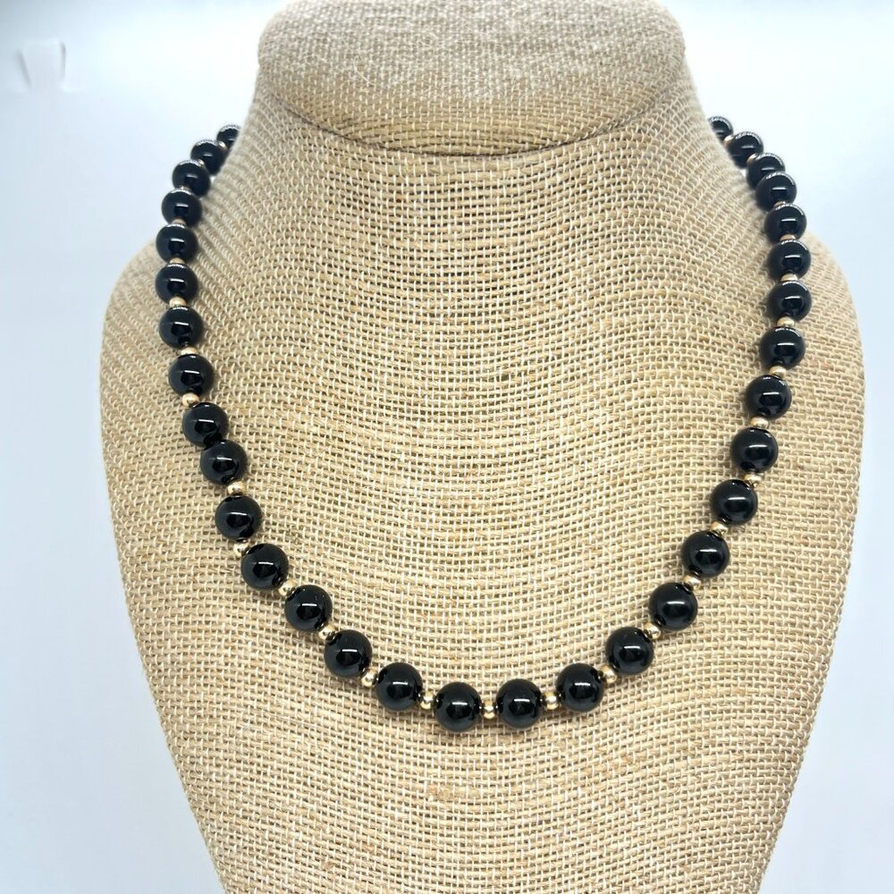 VINTAGE BLACK ONYX 14K GOLD GP BEADED NECKLACE CAVIAR BEADS 18” CLASSIC